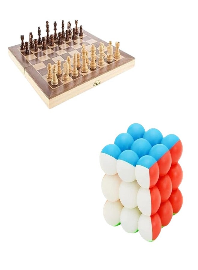 MKY Foldable Wooden Chess Board Set with 32 Wooden Chess Set and Speed Bubble Cube Puzzle Sticker Less Speed Cube, Brainstorming Cube for Kids Above 3 Years (Combo of 2) - Image 1